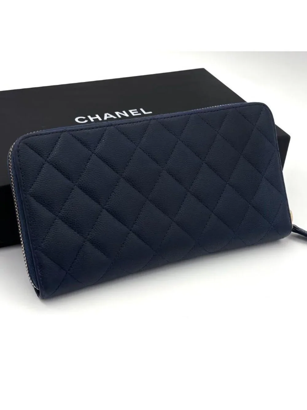 Chanel Quilted Caviar Leather Zip Around Wallet Navy